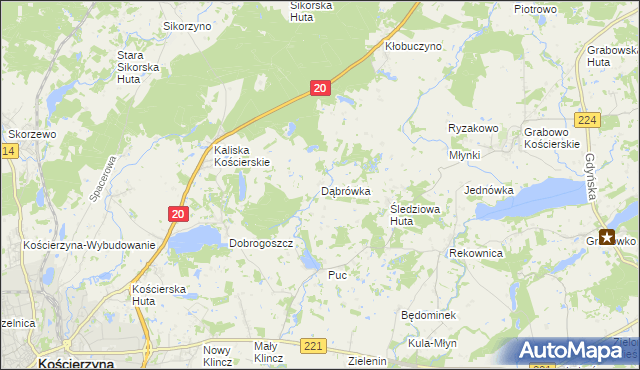 mapa Dąbrówka gmina Kościerzyna, Dąbrówka gmina Kościerzyna na mapie Targeo