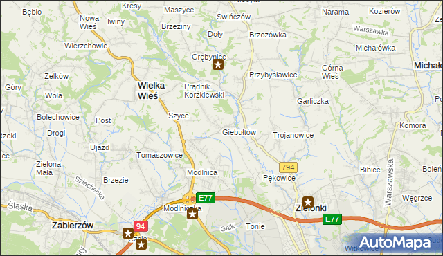 mapa Giebułtów gmina Wielka Wieś, Giebułtów gmina Wielka Wieś na mapie Targeo
