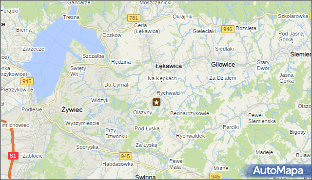 mapa Rychwałd gmina Gilowice, Rychwałd gmina Gilowice na mapie Targeo