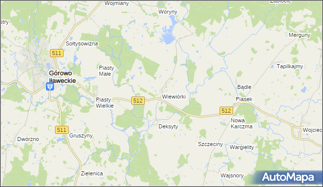 mapa Wiewiórki gmina Górowo Iławeckie, Wiewiórki gmina Górowo Iławeckie na mapie Targeo