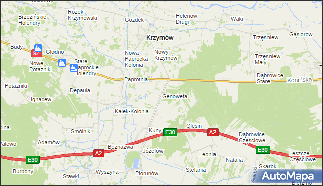 mapa Genowefa gmina Krzymów, Genowefa gmina Krzymów na mapie Targeo