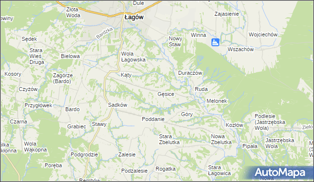 mapa Gęsice gmina Łagów, Gęsice gmina Łagów na mapie Targeo