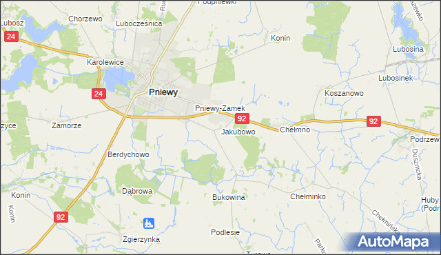 mapa Jakubowo gmina Pniewy, Jakubowo gmina Pniewy na mapie Targeo