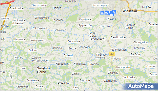 mapa Janowice gmina Wieliczka, Janowice gmina Wieliczka na mapie Targeo