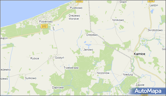 mapa Janowo gmina Karnice, Janowo gmina Karnice na mapie Targeo