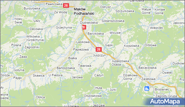 mapa Juszczyn gmina Maków Podhalański, Juszczyn gmina Maków Podhalański na mapie Targeo