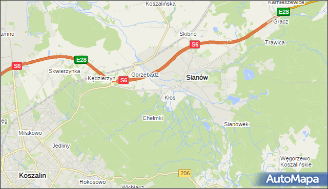 mapa Kłos gmina Sianów, Kłos gmina Sianów na mapie Targeo