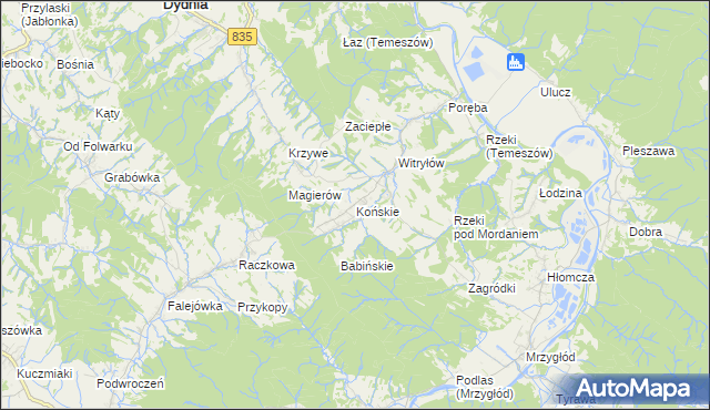 mapa Końskie gmina Dydnia, Końskie gmina Dydnia na mapie Targeo