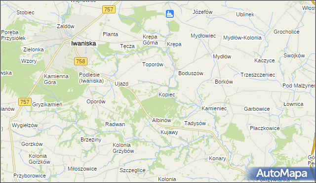 mapa Kopiec gmina Iwaniska, Kopiec gmina Iwaniska na mapie Targeo