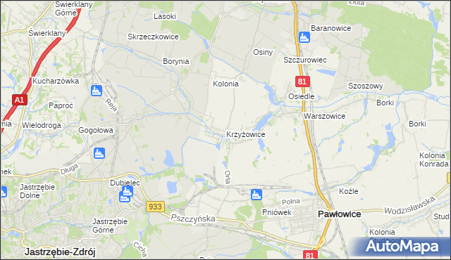mapa Krzyżowice gmina Pawłowice, Krzyżowice gmina Pawłowice na mapie Targeo