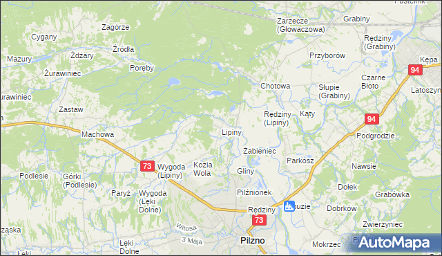 mapa Lipiny gmina Pilzno, Lipiny gmina Pilzno na mapie Targeo