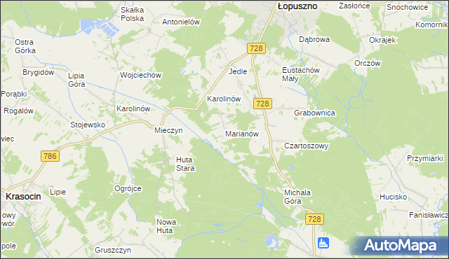 mapa Marianów gmina Łopuszno, Marianów gmina Łopuszno na mapie Targeo