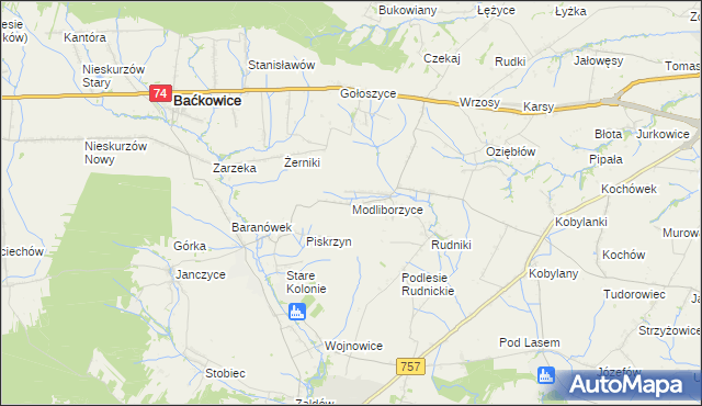 mapa Modliborzyce gmina Baćkowice, Modliborzyce gmina Baćkowice na mapie Targeo