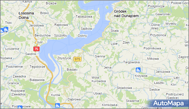 mapa Sienna gmina Gródek nad Dunajcem, Sienna gmina Gródek nad Dunajcem na mapie Targeo
