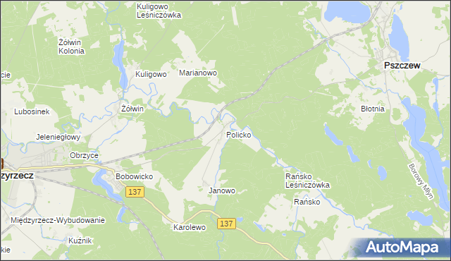 mapa Policko gmina Pszczew, Policko gmina Pszczew na mapie Targeo