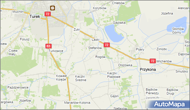 mapa Rogów gmina Przykona, Rogów gmina Przykona na mapie Targeo