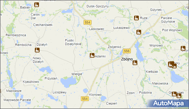 mapa Adamki gmina Zbójno, Adamki gmina Zbójno na mapie Targeo