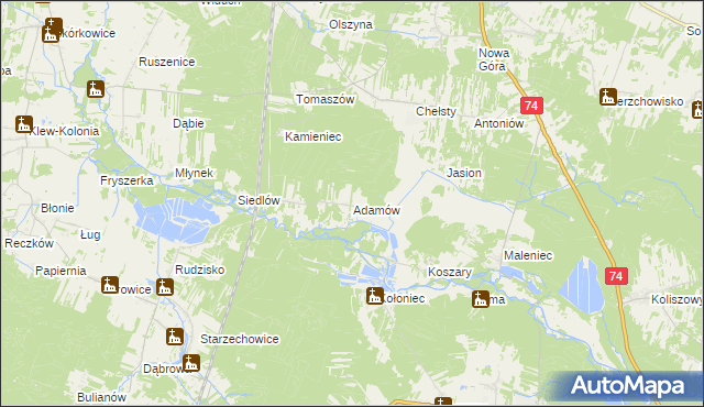 mapa Adamów gmina Żarnów, Adamów gmina Żarnów na mapie Targeo
