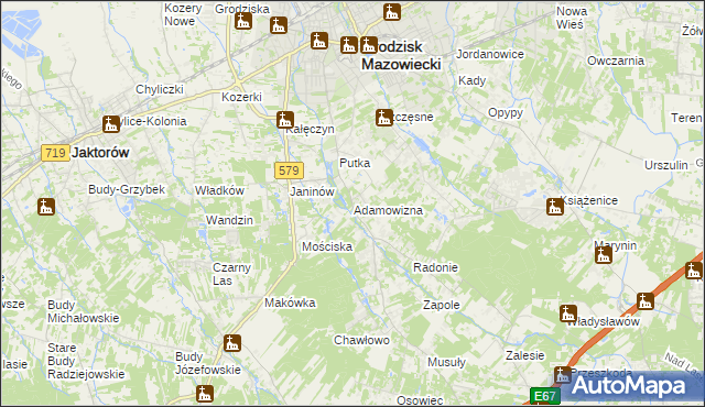 mapa Adamowizna gmina Grodzisk Mazowiecki, Adamowizna gmina Grodzisk Mazowiecki na mapie Targeo