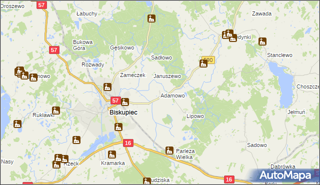 mapa Adamowo gmina Biskupiec, Adamowo gmina Biskupiec na mapie Targeo