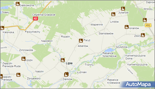 mapa Albertów gmina Lipie, Albertów gmina Lipie na mapie Targeo