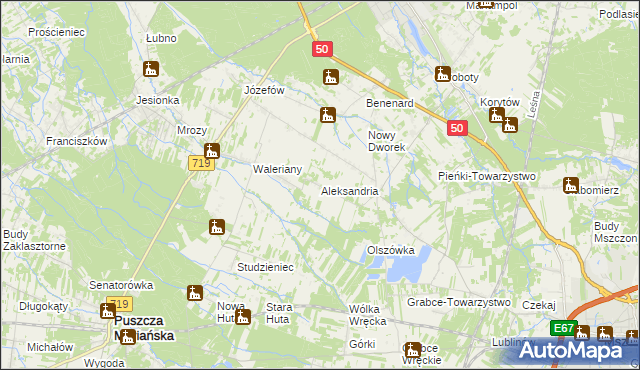 mapa Aleksandria gmina Puszcza Mariańska, Aleksandria gmina Puszcza Mariańska na mapie Targeo