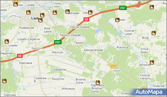 mapa Aleksandrówek gmina Łask, Aleksandrówek gmina Łask na mapie Targeo