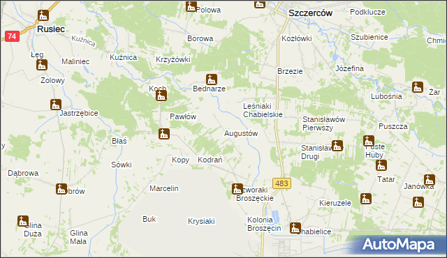 mapa Augustów gmina Rząśnia, Augustów gmina Rząśnia na mapie Targeo