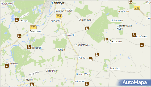 mapa Augustowo gmina Barcin, Augustowo gmina Barcin na mapie Targeo