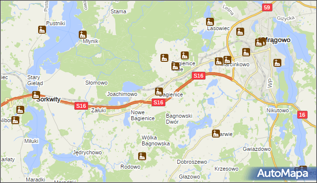 mapa Bagienice gmina Mrągowo, Bagienice gmina Mrągowo na mapie Targeo