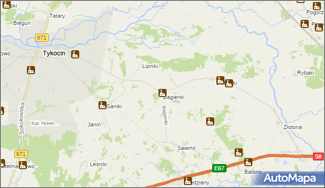 mapa Bagienki gmina Tykocin, Bagienki gmina Tykocin na mapie Targeo