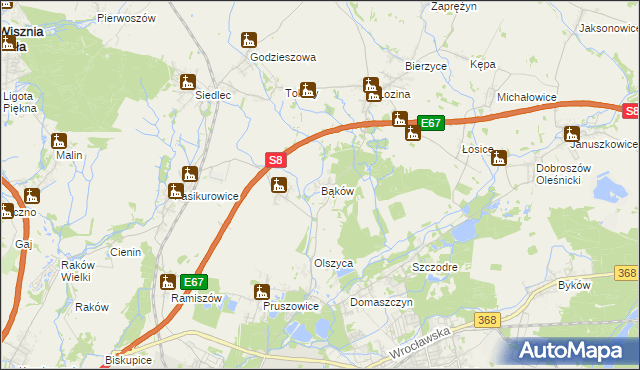 mapa Bąków gmina Długołęka, Bąków gmina Długołęka na mapie Targeo