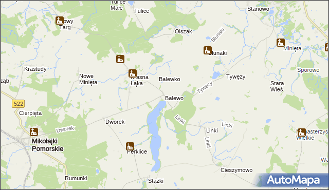 mapa Balewo gmina Mikołajki Pomorskie, Balewo gmina Mikołajki Pomorskie na mapie Targeo