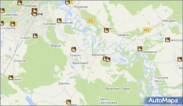 mapa Baranowo gmina Mosina, Baranowo gmina Mosina na mapie Targeo