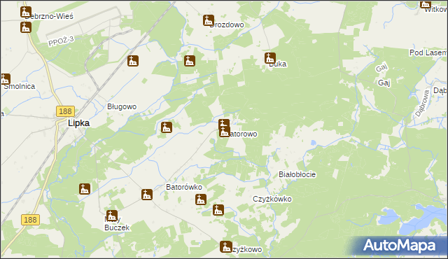 mapa Batorowo gmina Lipka, Batorowo gmina Lipka na mapie Targeo