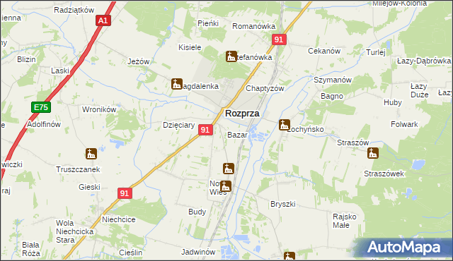 mapa Bazar gmina Rozprza, Bazar gmina Rozprza na mapie Targeo