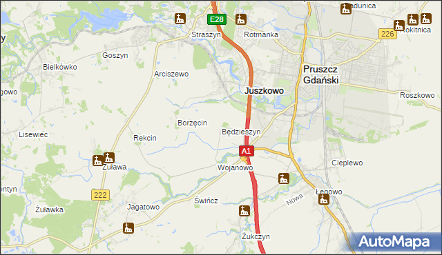 mapa Będzieszyn gmina Pruszcz Gdański, Będzieszyn gmina Pruszcz Gdański na mapie Targeo