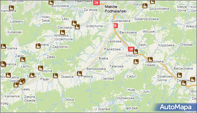 mapa Białka gmina Maków Podhalański, Białka gmina Maków Podhalański na mapie Targeo