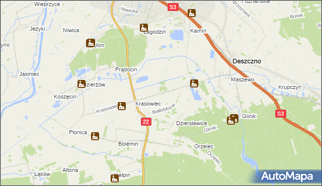mapa Białobłocie gmina Deszczno, Białobłocie gmina Deszczno na mapie Targeo