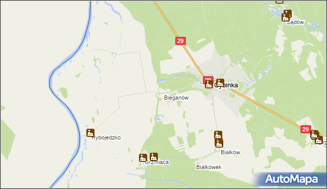 mapa Bieganów gmina Cybinka, Bieganów gmina Cybinka na mapie Targeo