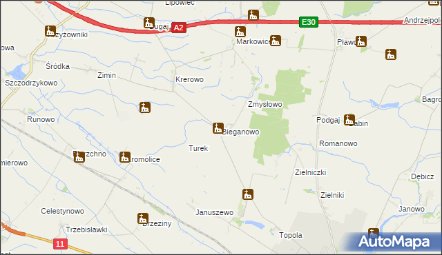 mapa Bieganowo gmina Środa Wielkopolska, Bieganowo gmina Środa Wielkopolska na mapie Targeo