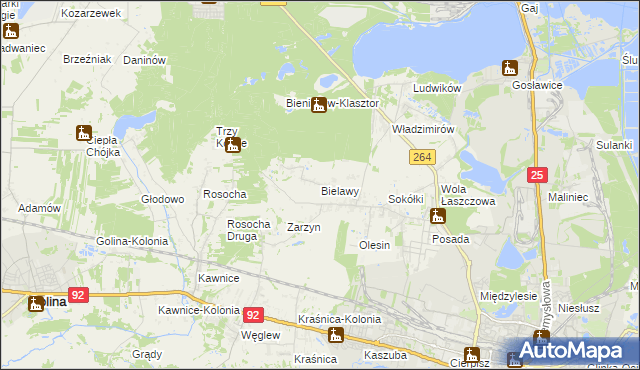 mapa Bielawy gmina Kazimierz Biskupi, Bielawy gmina Kazimierz Biskupi na mapie Targeo
