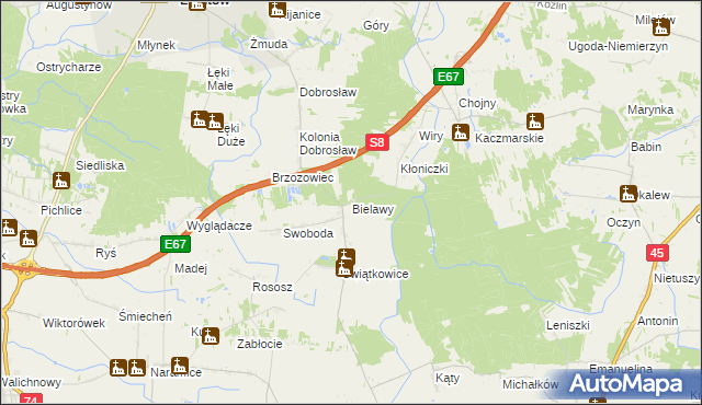 mapa Bielawy gmina Lututów, Bielawy gmina Lututów na mapie Targeo