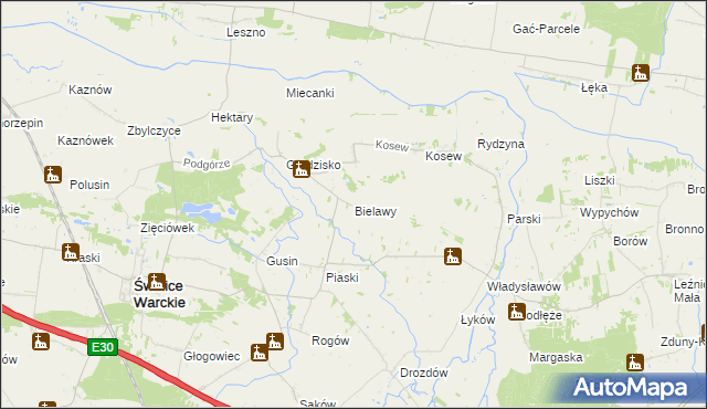 mapa Bielawy gmina Świnice Warckie, Bielawy gmina Świnice Warckie na mapie Targeo