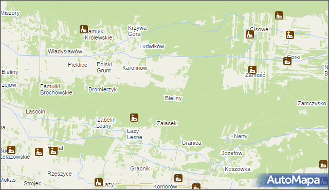 mapa Bieliny gmina Kampinos, Bieliny gmina Kampinos na mapie Targeo