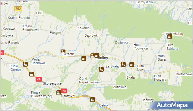 mapa Bieliny powiat kielecki, Bieliny powiat kielecki na mapie Targeo
