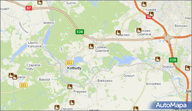 mapa Bielkowo gmina Kolbudy, Bielkowo gmina Kolbudy na mapie Targeo