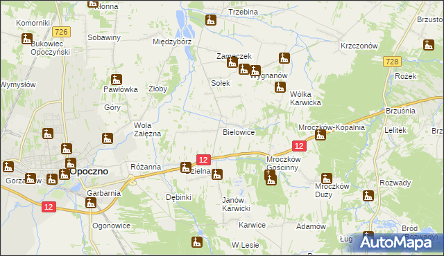 mapa Bielowice gmina Opoczno, Bielowice gmina Opoczno na mapie Targeo