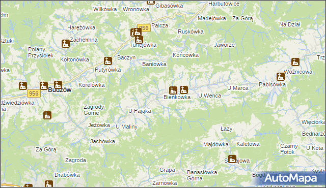 mapa Bieńkówka gmina Budzów, Bieńkówka gmina Budzów na mapie Targeo