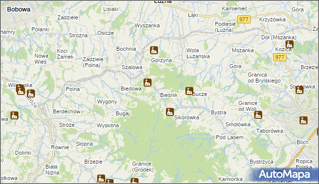 mapa Bieśnik gmina Łużna, Bieśnik gmina Łużna na mapie Targeo
